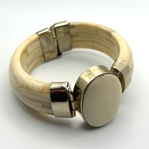 Chunky and Wide Cream Boho Bone & Brass Bangle Bracelet 8”